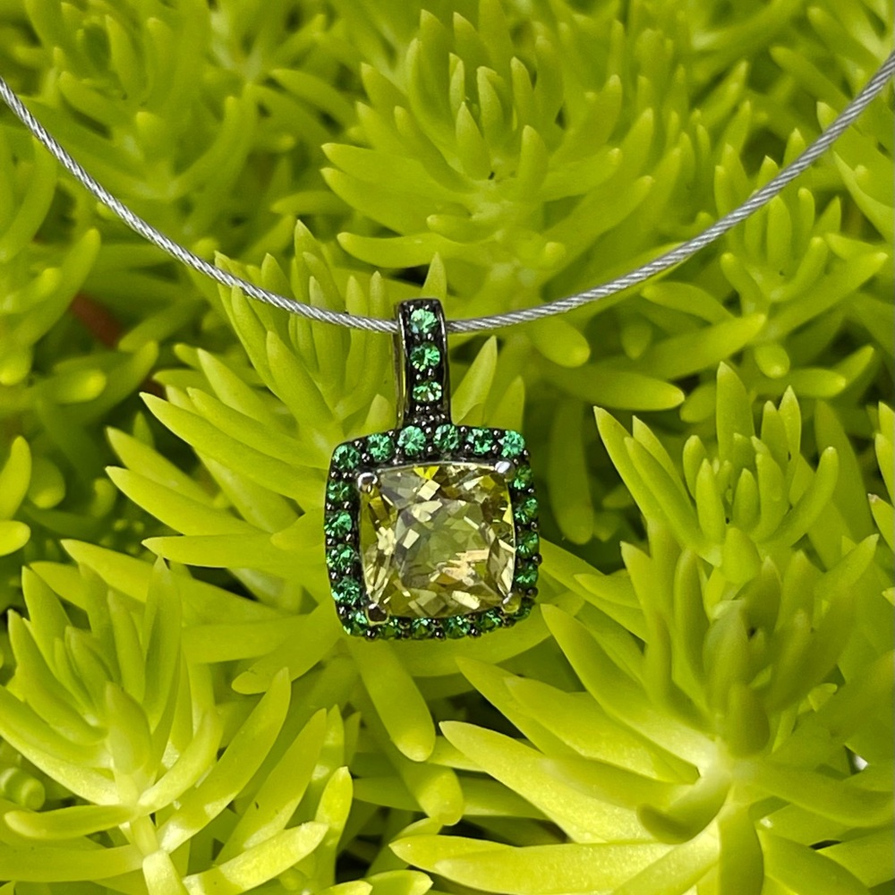 Solid Sterling Silver (.925) Cushion Citrine and Tsavorite Garnet Pendant